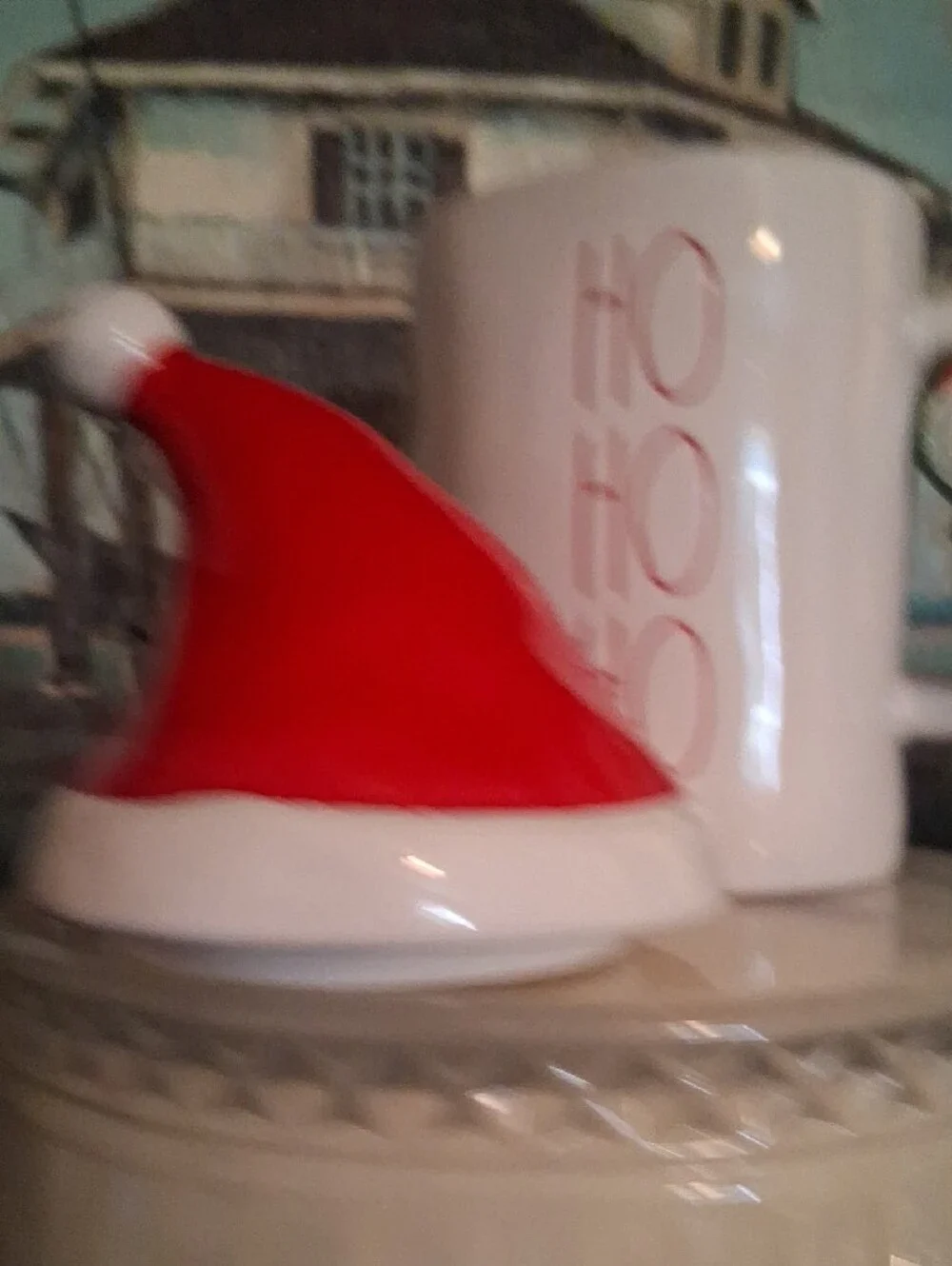 🎄Rae Dunn White Ceramic 'HO HO HO' Mug with Red Santa Hat Lid